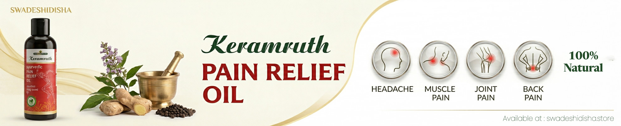 Keramruth Pain Relief Oil bottle on a wooden platform, highlighting its use for muscle, joint, and back pain with traditional Ayurvedic ingredients.
