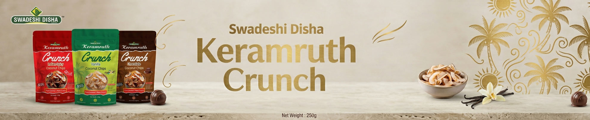 Three colorful pouches of Keramruth Crunch Coconut Chips in Indian Spicy, Vanilla, and Chocolate flavors.